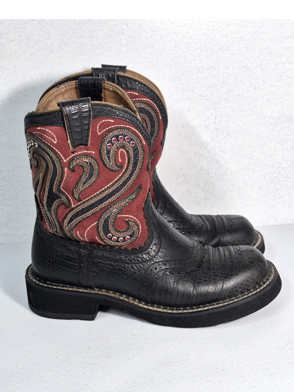 Vintage ARIAT Fatbaby Heritage Western Boots 7B Black Lizard Leather Suede 7B